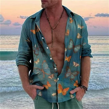 2023 мужская рубашка, Гавайская рубашка, рубашка с 3D принтом бабочки, рубашка с длинными рукавами, пляжная рубашка, мужское летнее платье размера оверсайз S-6XL