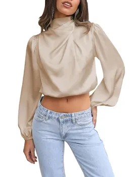 Женская Атласная Шелковая блузка с имитацией шеи и Длинным рукавом, Шелковая рубашка для работы в Офисе, Свободная Элегантная Повседневная Блузка, топ