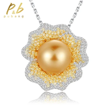 PuBang Роскошные ювелирные изделия из 100% Стерлингового серебра 925 пробы, Золотое Ожерелье с подвеской из пресноводного жемчуга и бриллиантов для женщин, подарок, бесплатная доставка