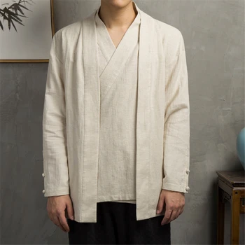 Льняная рубашка, куртка, мужская весенне-осенняя двухслойная рубашка, Винтажные рубашки с длинными рукавами в китайском стиле, мужские