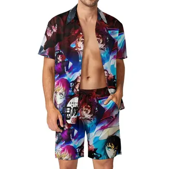 Мужские комплекты Demon Slayer Swordsmith Village Arc, Гавайский повседневный комплект рубашек, дизайнерские шорты с короткими рукавами, летний пляжный костюм размера Плюс 3XL