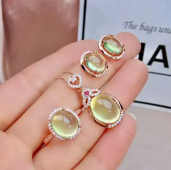 MeiBaPJ Натуральное ожерелье с крупным драгоценным камнем пренит, серьги, кольцо для женщин, настоящее серебро 925 пробы, зеленый камень, набор ювелирных украшений