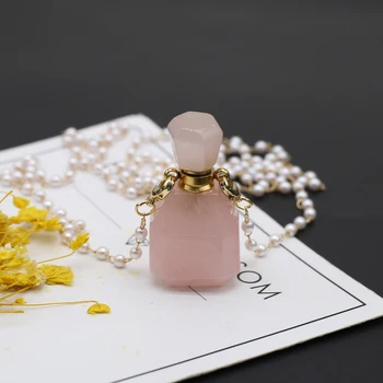 Женский диффузор эфирного масла из натурального розового кварца, подвеска для флакона духов, ожерелье с жемчужными цепочками для подарка на ювелирную вечеринку