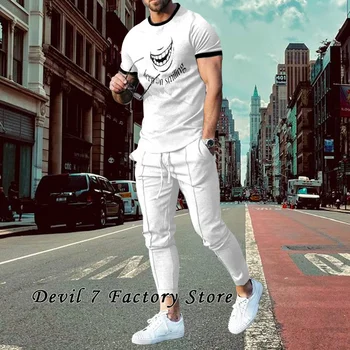 Мужская летняя спортивная одежда, модная футболка со смайликом и коротким рукавом, трендовые мужские штаны для уличных пробежек с 3D принтом, комплект из 2 предметов для отдыха.