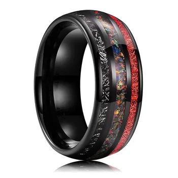 Модное кольцо из карбида вольфрама черного цвета 8 мм для мужчин, Обручальное кольцо, Купольная инкрустация, Разноцветный Опал, Красные, черные кольца с метеоритами, Комфортная посадка