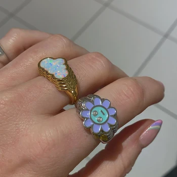 Новое Креативное кольцо Ins с цветочным рисунком, Винтажные кольца с геометрическим облаком, капли масла, для женщин, девочек, модные ювелирные изделия, подарок