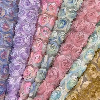 Розовая, Голубая, Вышитая Розами Ткань, Вышитые полиэфирные ткани, платье ручной работы, Аксессуары для свадебного платья Cheongsam Running