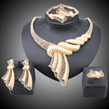 Модный стиль, Золотой цвет, Ювелирный набор с кристаллами, Женское свадебное ожерелье, браслет, Серьги, Кольцо, Ювелирный набор