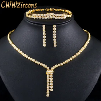 CWWZircons 3 шт CZ Кисточка для новобрачных, Свадебное ожерелье, Серьги, Браслет, Комплект ювелирных изделий Золотого цвета из Индийского Дубая для женщин T400