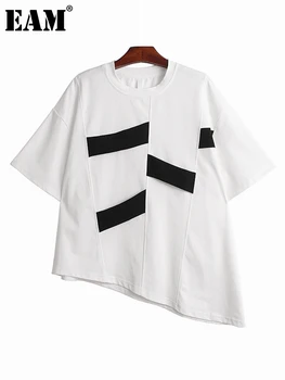 [EAM] Женская Белая футболка с цветным блоком Неправильной формы Большого Размера, Новая Футболка с круглым вырезом и коротким рукавом, Мода Tide, Весна-лето 2023 1DF7670