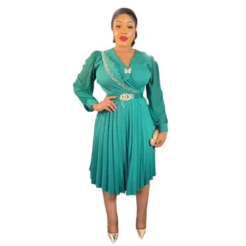 2023 Африканские плиссированные платья для женщин, Летние Африканские платья с V-образным вырезом и длинным рукавом из Полиэстера, Белое Зеленое Черное платье, Африканская одежда L-3XL