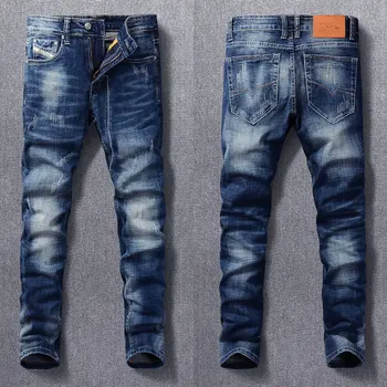 Модные мужские джинсы в итальянском стиле, высококачественные ретро-синие облегающие рваные джинсы, мужские брюки, винтажные дизайнерские повседневные брюки Hombre