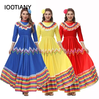 Женское Традиционное испанское цыганское народное платье танцовщицы для взрослых в национальном Мексиканском стиле, костюм Синко Де Майо, Богемное Длинное платье