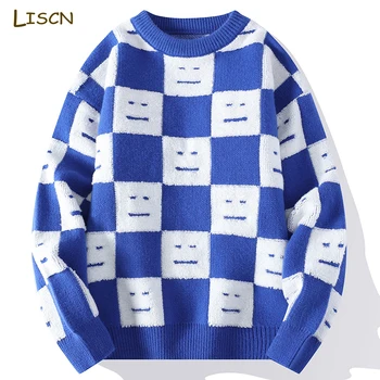 Мужской пуловер, свитер, мужской 2023, Новый корейский зимний модный повседневный клетчатый свитер, сохраняющий тепло, флисовый вязаный милый свитер для мужчин