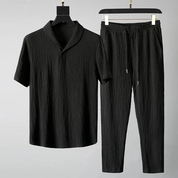 Рубашки + Брюки, летняя Спортивная одежда с эластичной резинкой на талии, Мужские повседневные комплекты, Мужские Модные брюки и рубашка, мужской комплект из двух предметов, размер M-4XL TZ11