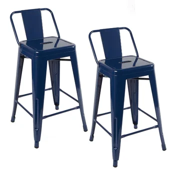 Металлические Эмалированные Барные стулья Высотой 24 дюйма, Комплект из 2-х Синих Барных стульев, Обеденный стул