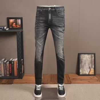 Модные Уличные мужские джинсы Высокого Качества в стиле ретро, черные, Серые, эластичные, приталенные, рваные Джинсы, Мужские винтажные дизайнерские джинсовые брюки Hombre