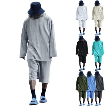 Мужская Одежда Oversizeloose, Повседневные однотонные летние модные шорты для Хай-стрит, Пуловер с капюшоном и длинными рукавами