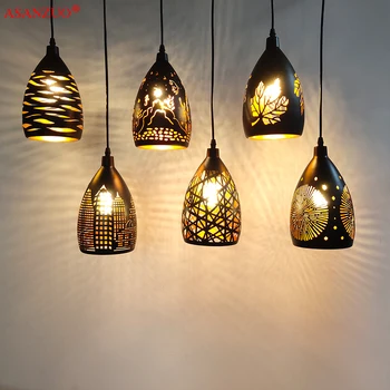 Подвесные светильники из полого металла цвета черного Золота, Скандинавская Столовая, Светодиодная подвесная лампа E27 для кофейного бара, кухонные подвесные светильники