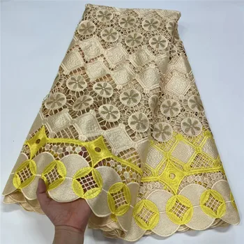 Африканская Кружевная ткань 5 Ярдов 2023, желтое Золото, Нигерийская Кружевная ткань, Вышитая Кружевная ткань для свадебных платьев