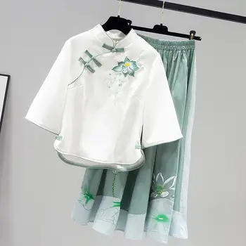 Улучшенная женская одежда Hanfu из двух предметов, Чонсам, Летние Брюки с вышивкой в китайском стиле на дисковых пуговицах, Ретро Костюм-двойка