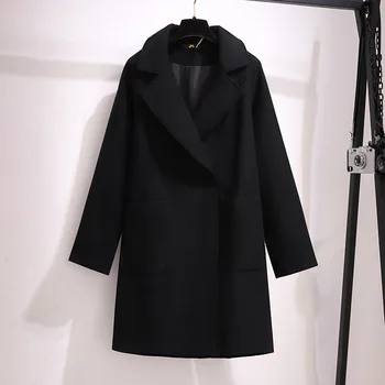 Размер arge, Женское Осеннее Шерстяное пальто с отворотом и длинными рукавами, обхват груди 157 см, 5XL 6XL 7XL 8XL 9XL, Свободное Длинное Повседневное Пальто, Черный 150 кг