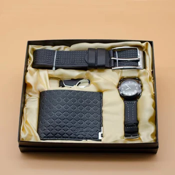 Черный кожаный подарочный набор из 4 шт./компл., красиво упакованный ремень для часов, кошелек, брелок, повседневная комбинация, часы для бойфренда, отца