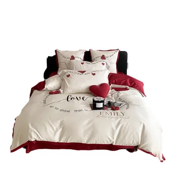 Объемный комплект домашнего текстиля из четырех предметов Red Love Cotton, 100 Хлопчатобумажное Одеяло с вышивкой из хлопка с длинными штапелями