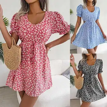 Весенние платья в стиле Ins и для летнего отдыха, открытое платье с коротким рукавом и цветочным рисунком, женская одежда