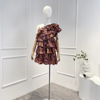 Новое поступление, летнее мини-платье из высококачественного хлопка с цветочным принтом и диагональными оборками на плечах, стиль пляжного отдыха, мини-платье для женщин