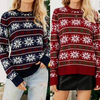 Женский Рождественский свитер в полоску со снежинкой, Праздничный джемпер для вечеринки, Праздничный Джемпер с длинным рукавом, модный Простой эластичный свитер, рубашка