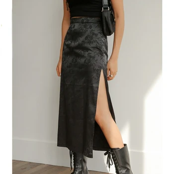 Жаккардовая юбка миди с элегантным разрезом сбоку, Длинные юбки с высокой талией, женские повседневные черные юбки в стиле Харадзюку, Мода 2023