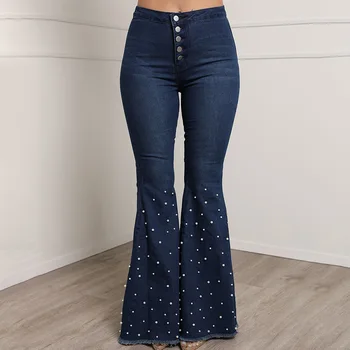 Расклешенные Широкие джинсы, Эластичные джинсовые брюки с высокой талией, Женские повседневные однотонные расклешенные Джинсы с бисером, Хлопковые джинсовые брюки Снизу