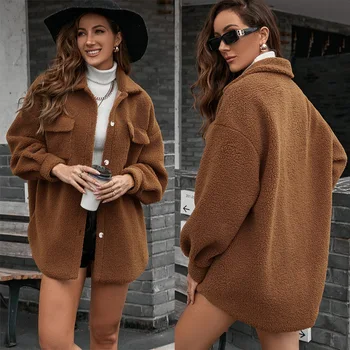 Женское шерстяное пальто с длинным рукавом, повседневная средняя однобортная плюшевая ветровка, тепловые куртки