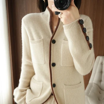 свитер из 100% чистой шерсти, осенне-зимний новый женский кардиган-стойка, повседневный вязаный топ, корейское модное женское пальто высокого класса.