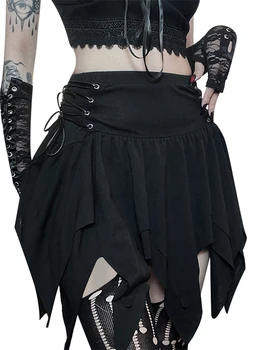 Женская летняя однотонная готическая мини-юбка черного цвета с высокой талией и нерегулярным подолом, бандажная юбка для вечеринки