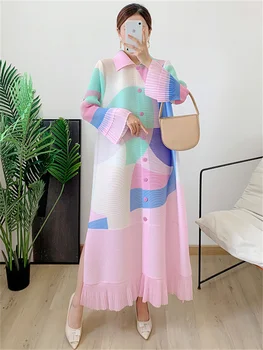 Женское плиссированное платье Miyake Maxi с лацканами, Однобортное, с длинными рукавами, Цветной блок, подол с кисточками, Свободная Шикарная одежда, Осенние платья