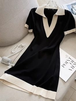 Трикотажное Черное платье с воротником-ПОЛО и короткими рукавами, Летний Новый Хит, Прямая Свободная футболка с V-образным вырезом, Короткая Юбка, Рубашка базового слоя