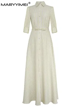 MARYYIMEI/ Модное весенне-летнее женское платье с короткими рукавами и отложным воротником, однобортные платья в полоску на шнуровке
