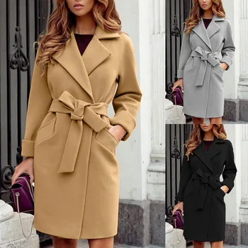 2023 Модное приталенное шерстяное пальто с отворотом на поясе