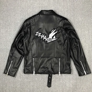 HNL Hedi Классический стиль сзади Вышитая надписью Парусник мотоциклетная кожаная куртка