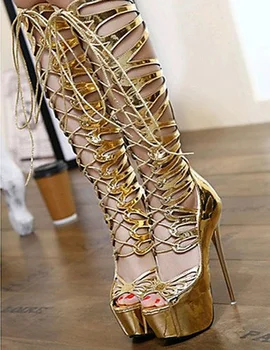 Золотистые Блестящие кожаные Сандалии с лепестковым вырезом, Босоножки на шнуровке, Сапоги до колена на платформе и тонком высоком каблуке, Летняя обувь для танцев на сцене