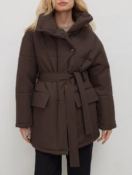 Повседневная женская куртка с высоким воротом Jyate, Новинка 2022, Зимнее хлопковое пальто на пуговицах с поясом, модные однотонные теплые куртки с длинными рукавами