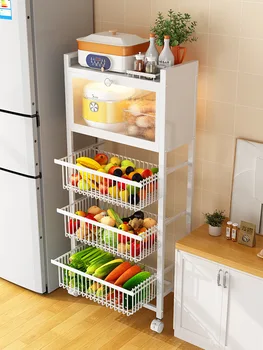 Напольный стеллаж для хранения с дверцей шкафа из углеродистой стали, многослойный выдвижной стеллаж для хранения овощей и фруктов, стеллаж для хранения