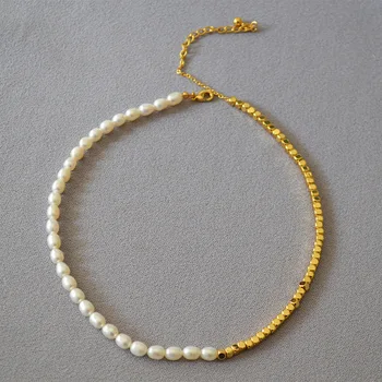 Amaiyllis 18-каратное золото, простая строчка из пресноводного жемчуга, цепочка с пряжкой Love OT, ожерелье с цепочкой на ключицах, нерегулярное ожерелье из жемчуга в стиле барокко