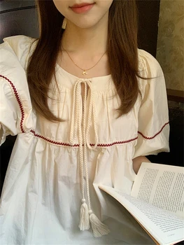 2023 Новая весенне-летняя женская одежда в японском стиле для ремонта сердца, Свободная кукольная рубашка с кисточками, Короткий рукав, Персонализированная рубашка
