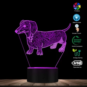 Милый Темперамент Абстрактная Собака-Такса Пользовательское имя 3D Оптическая Иллюзия Светящаяся светодиодная лампа Для Любителей домашних животных, Подарок Владельцу Освещения