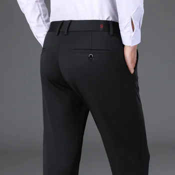 Осенние новые мужские Нейлоновые повседневные брюки-стрейч с четырьмя полосами, деловые Модные Высокоэластичные однотонные прямые брюки мужского бренда
