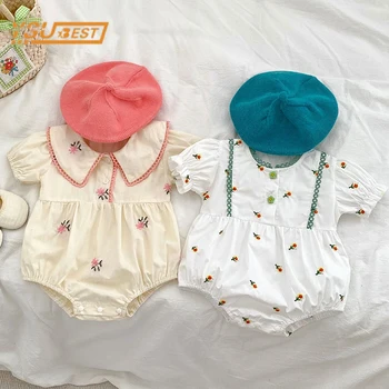 Летний Комбинезон с короткими рукавами и вышивкой для новорожденных Девочек, Детская одежда, Комбинезон