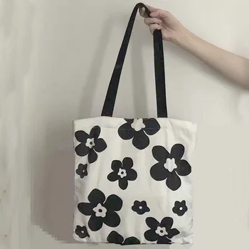 № HTB-20 портативная сумка большой емкости на одно плечо, холщовая сумка с черно-белыми цветами для женщин, хозяйственная сумка
